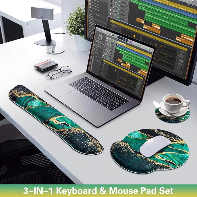 Mouse Pad Green with Wrist Rest Set, 3-in-1 Wrist Support Mousepad Set, Gaming Mat Pad with Anti-Skid Base,Ergonomic Mouse Pad,Memory Foam Gel Wrist Rest for Computer Keyboard