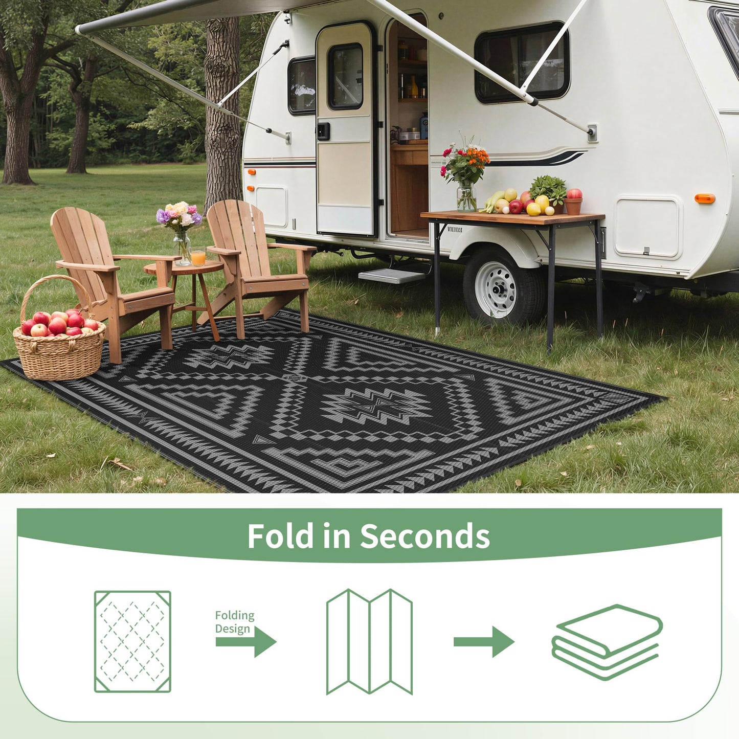 GENIMO Outdoor Rug for Patio Clearance - 6x9 ft Waterproof Plastic Camping Rugs, Reversible Outside Rv Mat Carpet for Porch, Deck, Picnic, Balcony, Beach, Backyard, Black Grey