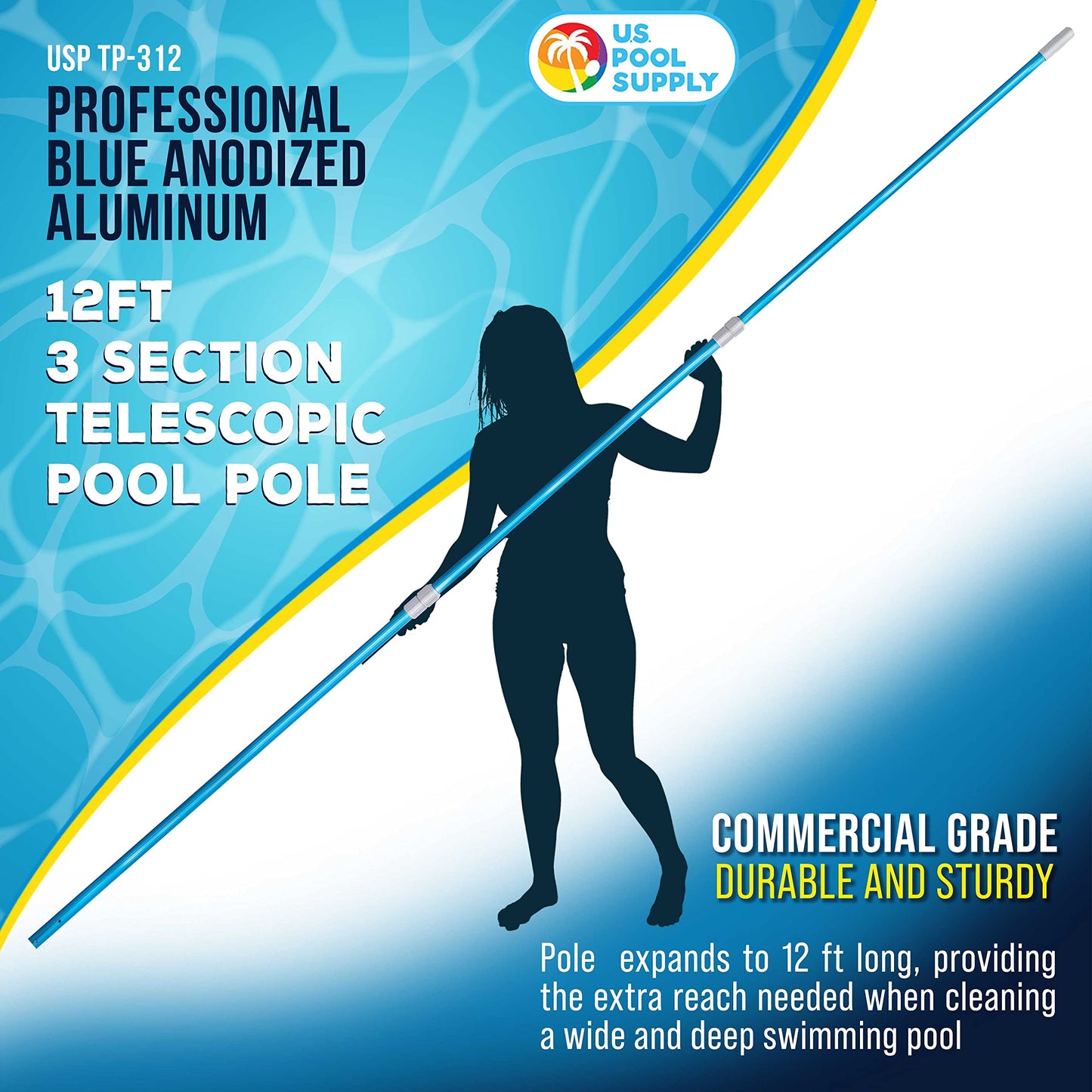 U.S. Pool Supply 12 Foot Swimming Pool Pole Telescopic - Aluminum Pool Skimmer Pole Net, Rake, Brush, Vacuum Head Handle, Attach Cleaning Equipment Accessories, Adjustable 3 Piece Expandable Extension