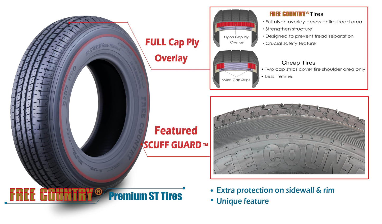 Free Country Premium Trailer Tires ST235/80R16 Radial 10-Ply Load Range E 124N w/Side Scuff Guard, Set 2