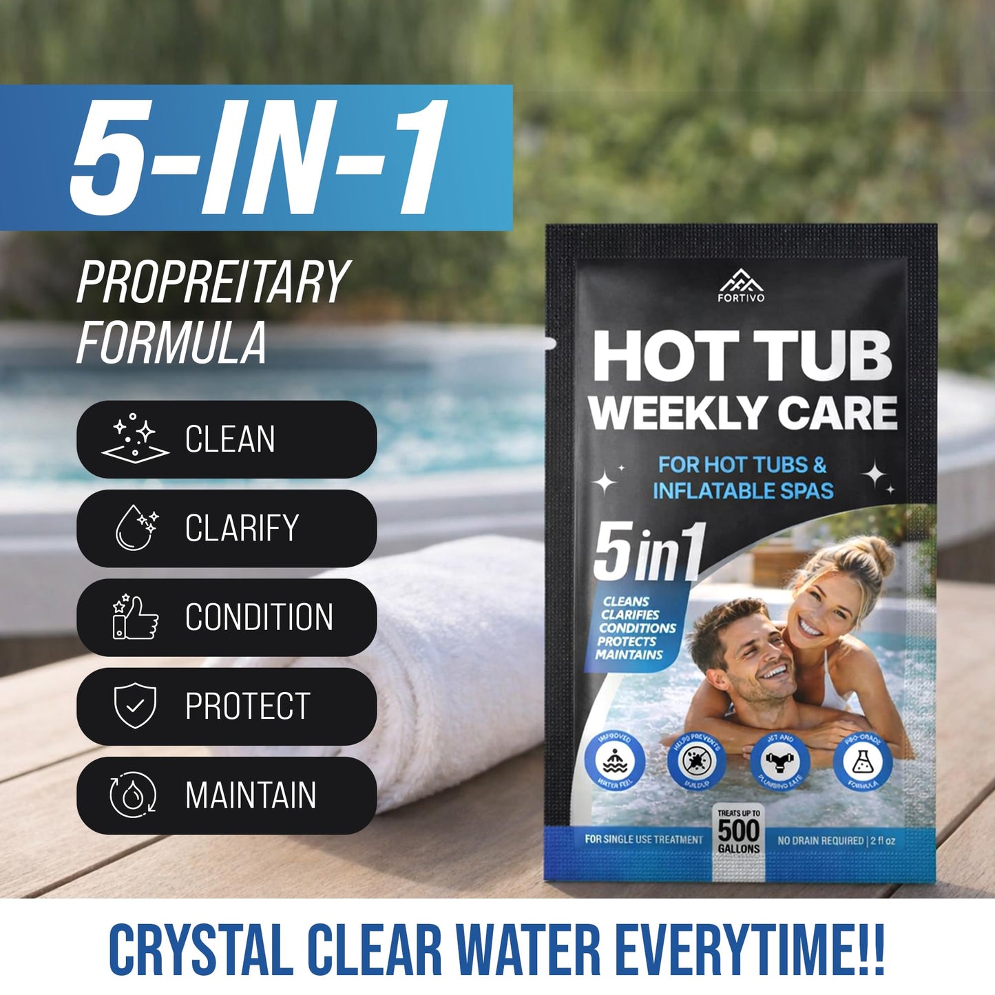 5-in-1 Hot Tub Weekly Care - Water Clarifier and Conditioner for Sparkling Soft Spa Water, Safe on Hot Tub Surfaces and Components, for Acrylic, Inflatable, Portable, Hard Shell Spas - 4 Pouches