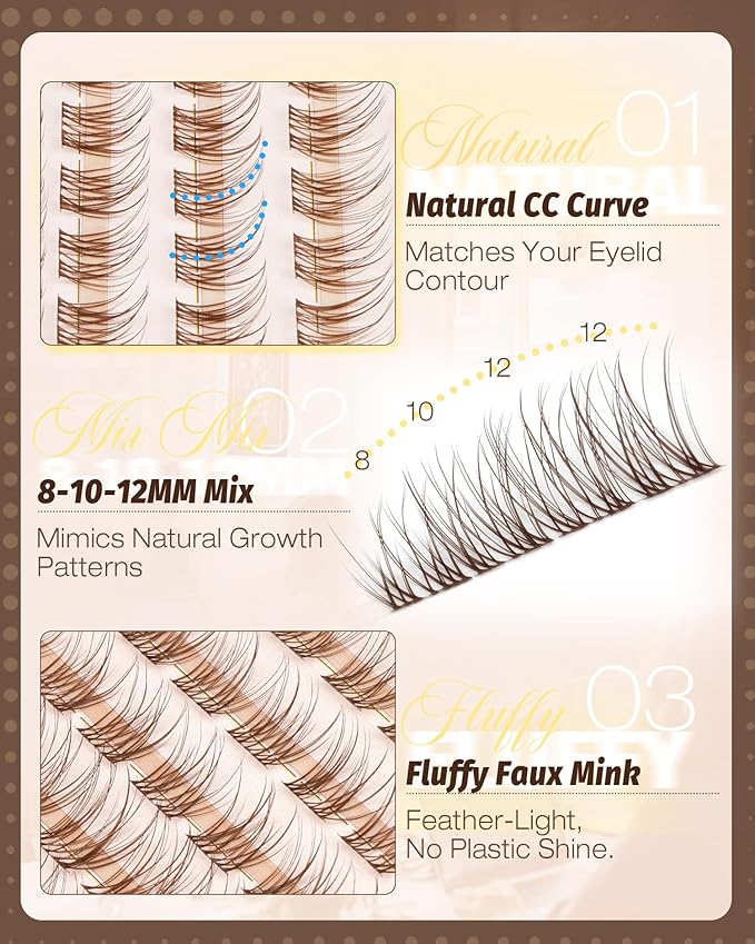 8-12MM Natural Lash Clusters Brown Eyelash Clusters Clear Band Cluster Lashes Cloud-Like Cluster Eyelash Extension Fluffy Individual Lashes Extensions Ageless Beauty (CC Curve,120Pcs)