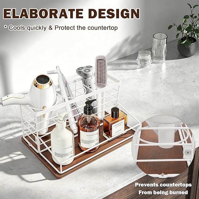Hair Tool Organizer, Movable Hair Dryer Holder, Hair Styling Tools Storage for Vanity, Bath Counter Organizer, Bathroom Trays for Hair Toiletry, Makeup (12" x 7.7" x 5.8", Wood-White)
