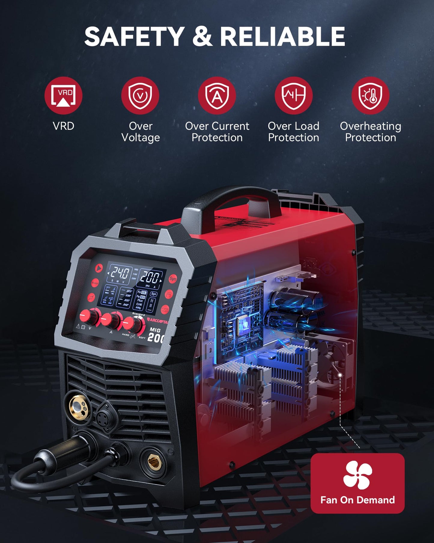 ARCCAPTAIN MIG Welder, 200Amp 6 in 1 Gas MIG/Gasless Flux Core MIG/Stick/Lift TIG/Spot welding/Spool Gun 110V/220V Aluminum Multi Process Welding Machine with LED Digital Display, Burn Back Adjustment