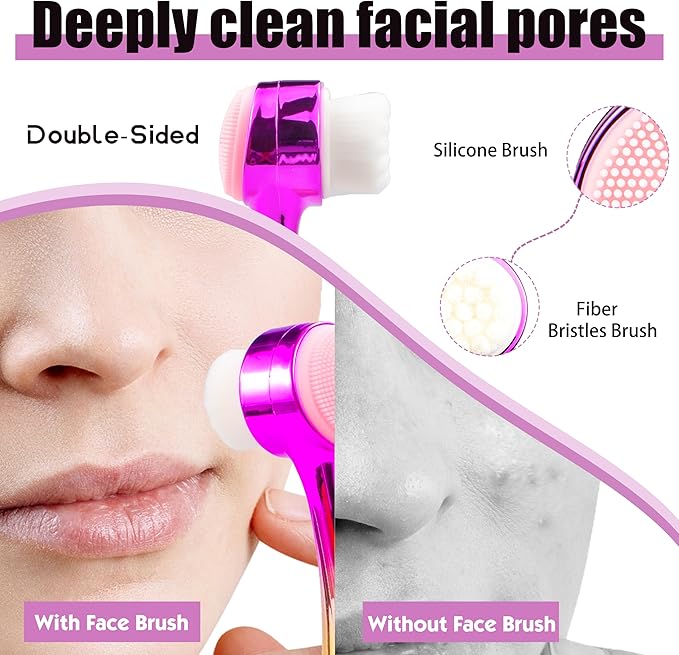 Facial Cleansing Brush 2 in 1Double-Sided Facial Cleaning Brush with Soft Bristles for Deep Pore Exfoliation, Wash Makeup, Massaging (Gold&Pink 5PCS)