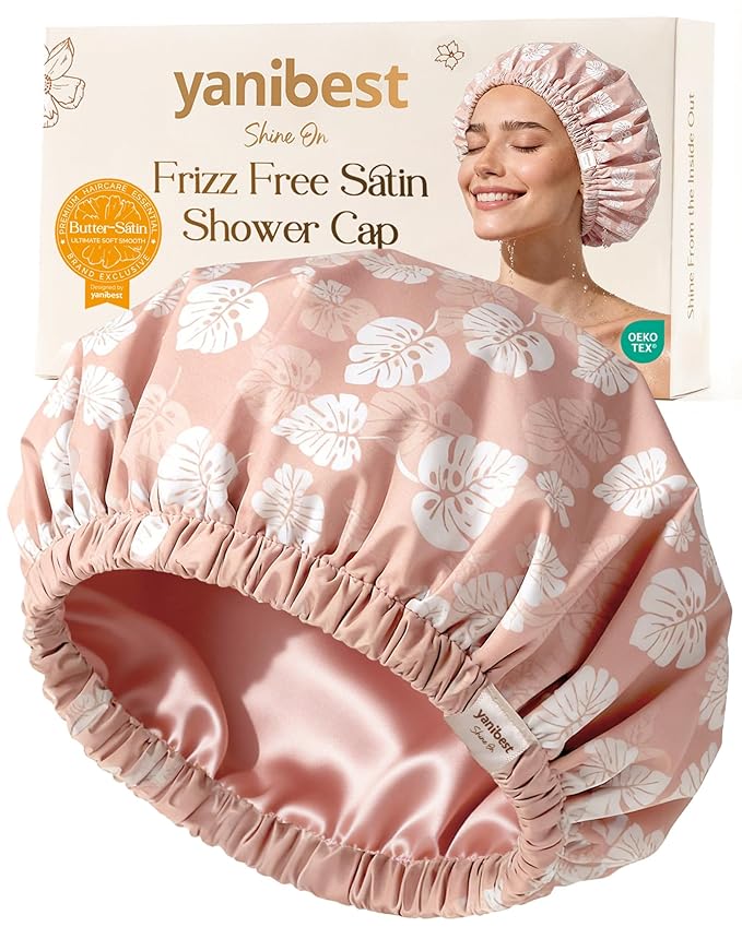 Yanibest Satin Lined Shower Cap for Women Reusable Waterproof, Frizz Free & Large Bath Cap with Soft Elastic Band, Luxury Hair Protection Caps (Pink Leaves)