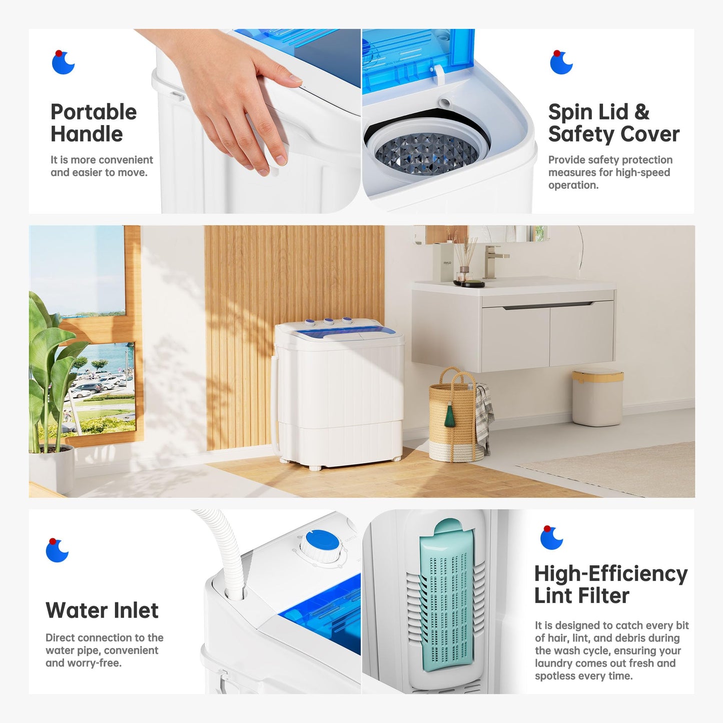 Superday Portable Washing Machine with Longer Hose, 16 Lbs Compact Mini Washer and Dryer Combo,Twin Tub Washing Machine Laundry Compact Washer spinner Combo for Apartments RVs and Dorms(Blue)