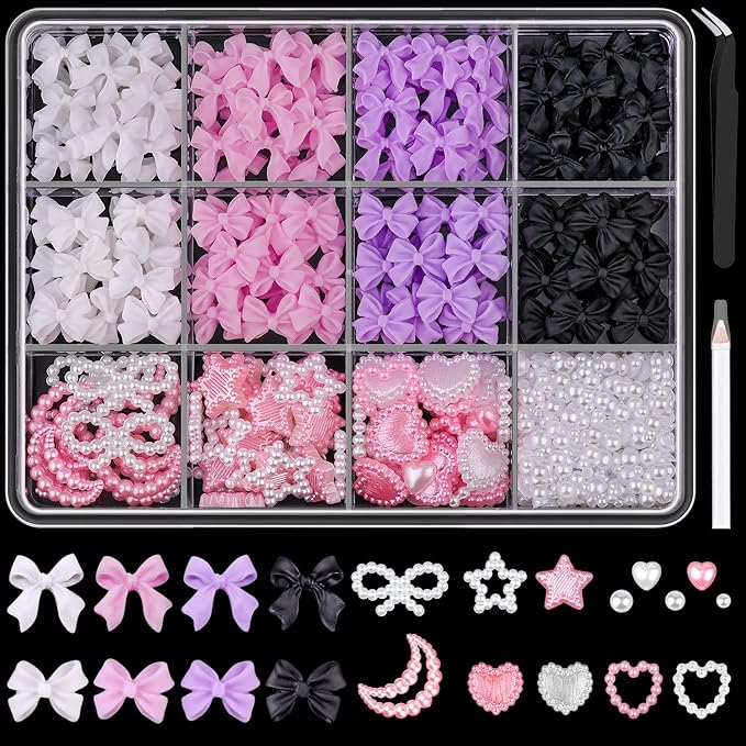 600 Pcs 3D Nail Charms and Flatback Pearls Set 7, 4 Colors Nail Bows Charm + Pink&White Star Heart Moon Cute Nail Jewels + 2-4mm White Nail Pearls for Nail Art DIY Decoration with Pickup Tools