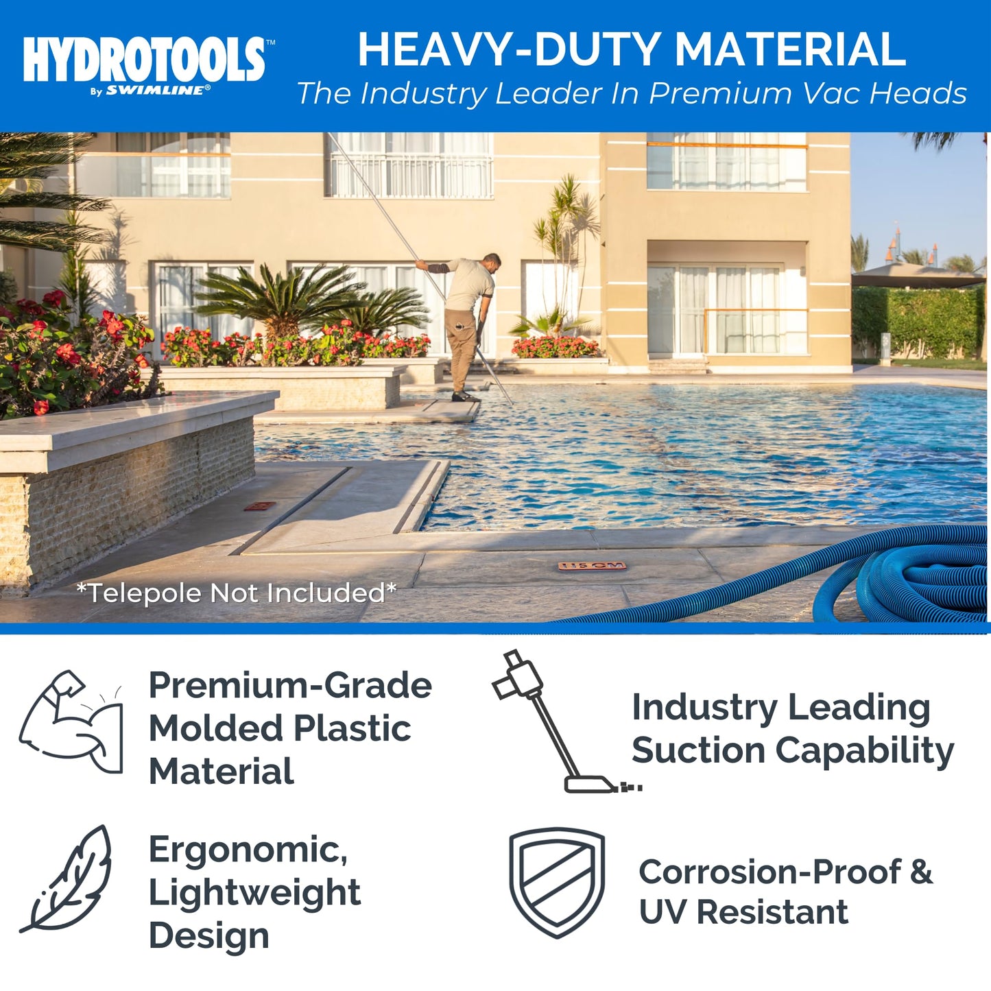 SWIMLINE HYDROTOOLS Manual Pool Vacuum Head Attachment For Inground & Above Ground Pools |Weighted Swimming Pool Vac Head Half Moon W/ Bristles| Swivel Hose 1-1/4 or 1-1/2’’| Clean Debris Corners