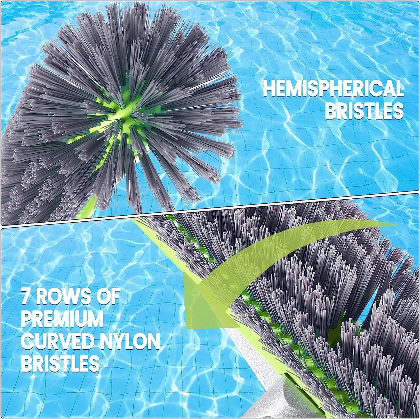 Professional Swimming Pool Brush Head with Round Ends,17.5" Heavy Duty Aluminum Back for Cleaning Pool Walls, 7 Rows Premium Nylon Bristles with EZ Clips (Green Grey)