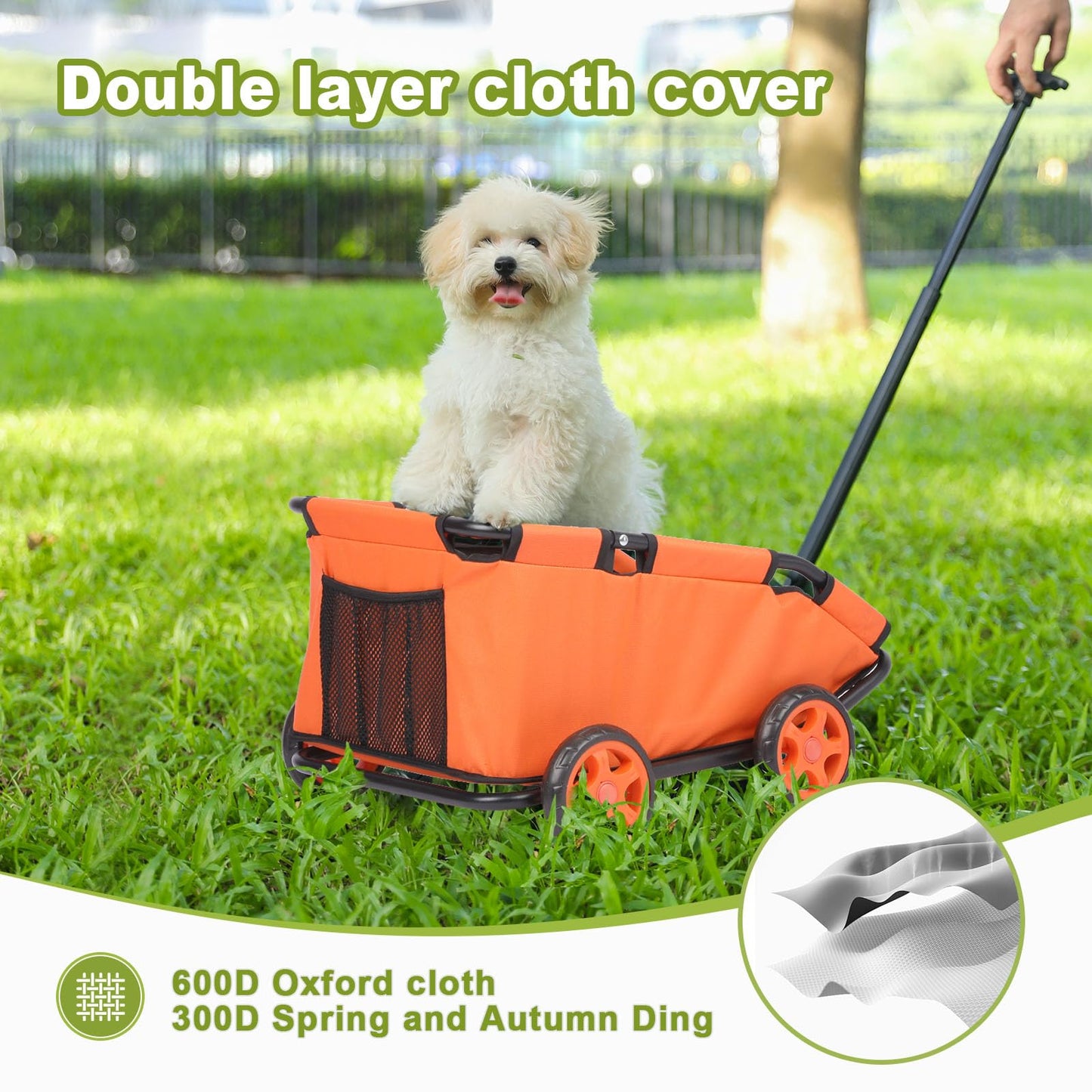 AESRAOU Mini Dog Strollers for Mini Pets, Foldable Multifunctional Shopping Carts with Extendable Pull Handle, Doggie Wagon Built-in Cushion and Safety Rope with Storage Bag (Orange)