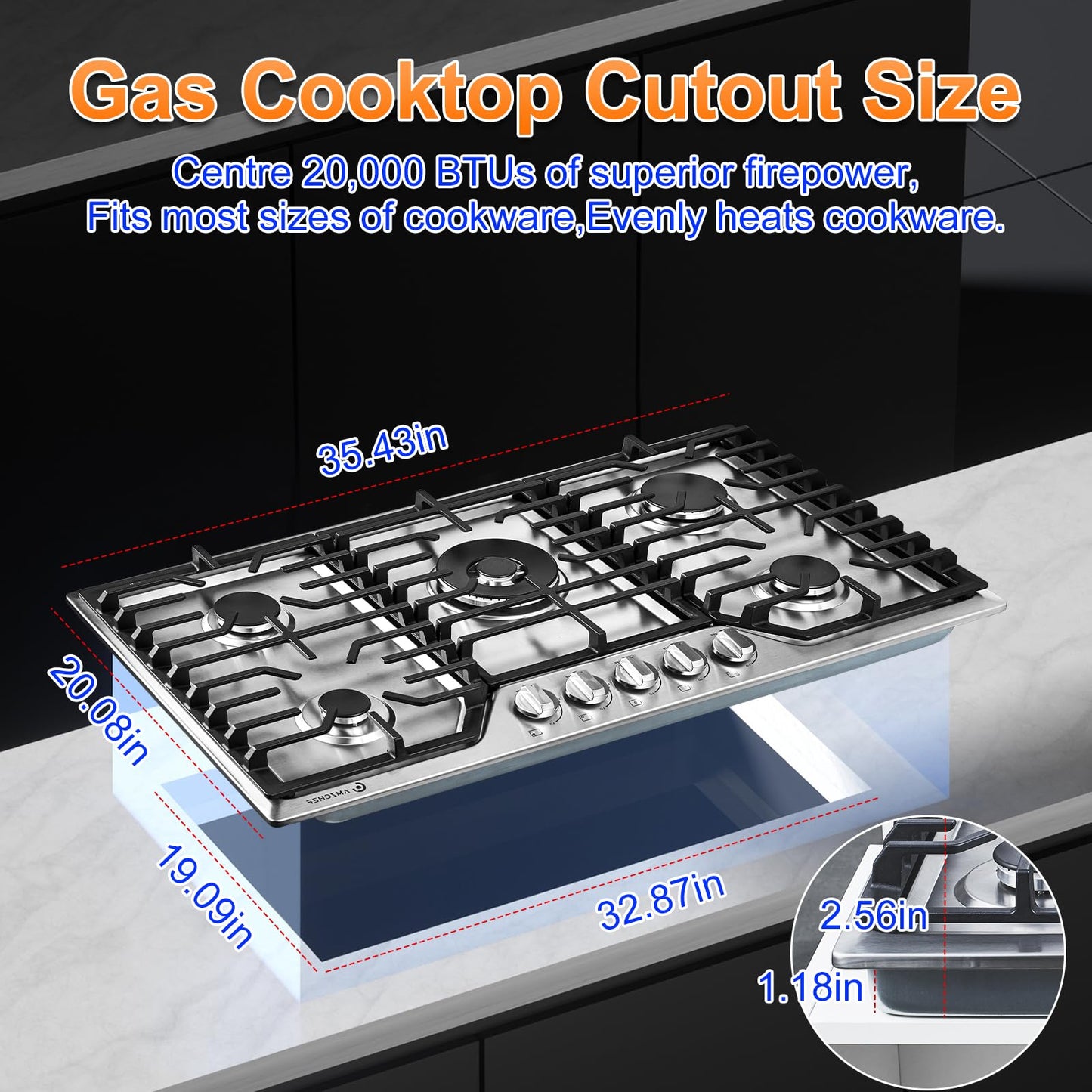 AMZCHEF 36 inch Gas Cooktop with 5 Made in Italy SABAF Power Burners.Max 48300 BTU/hr Built-in Gas Stove top of 304 Stainless steel,NG/LPG Convertible,ETL.