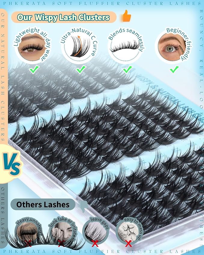 PHKERATA Fluffy Lash Clusters Wispy Eyelash Clusters, 3D Volume Cluster Eyelash Extensions, DIY Individual Lashes with Soft Thin Band, 162Pcs, 10-16mm