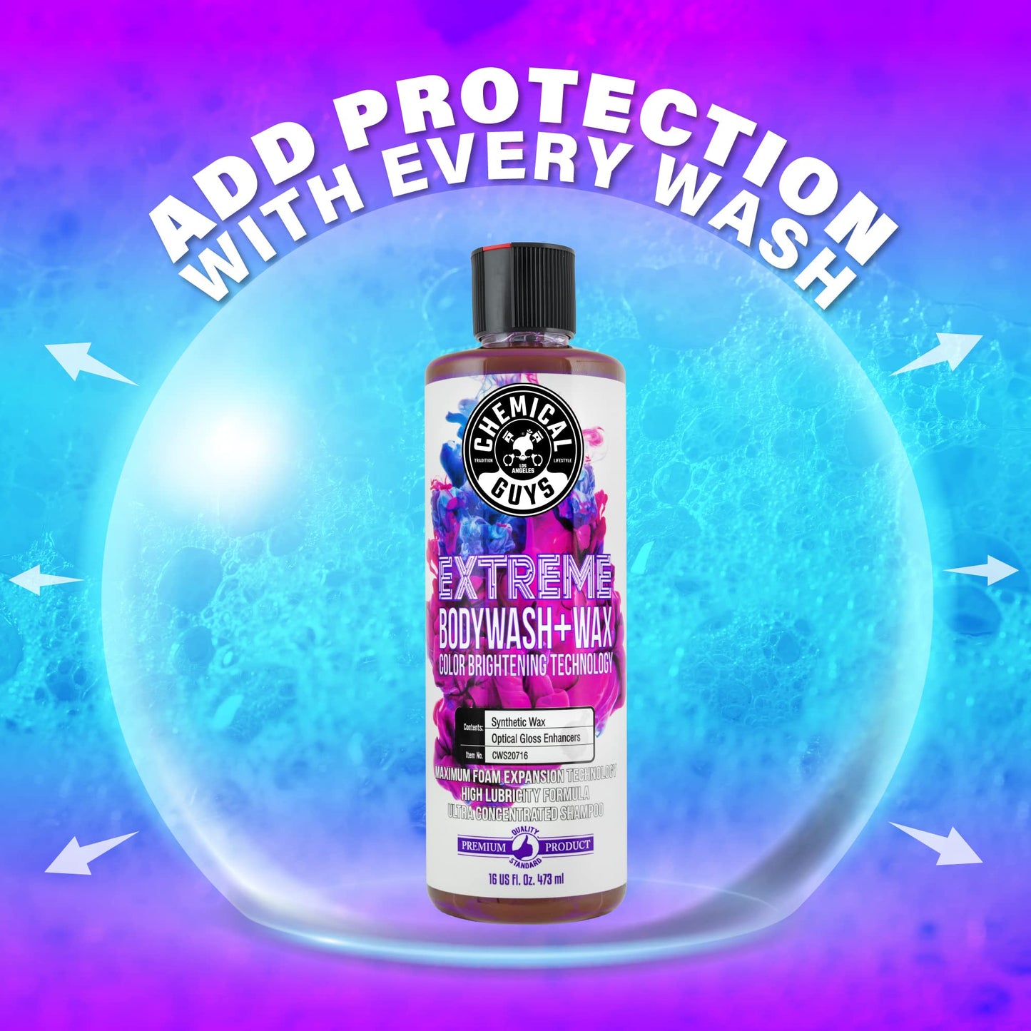 Chemical Guys Extreme Bodywash & Wax Foaming Car Wash Soap, (Works with Foam Cannons/Guns or Bucket Washes) For Trucks, Motorcycles, RVs & More, 32 fl oz, Grape Scent