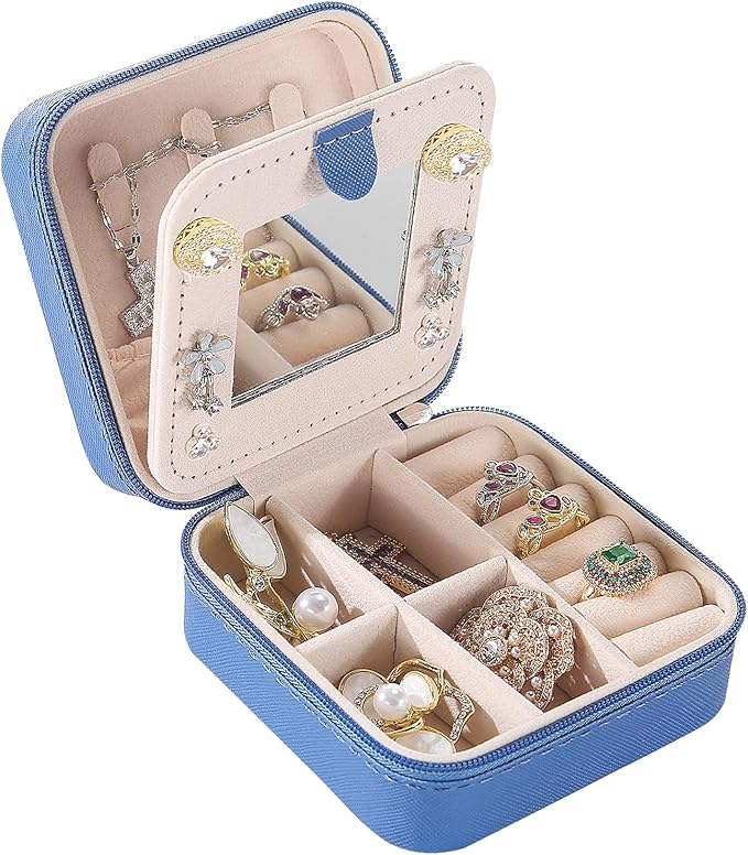 KElofoN Travel jewelry case Travel jewelry box Travel Jewelry Organizer Small Jewelry Organizer Box Gift for Girls Women with Mirror(Deep blue)