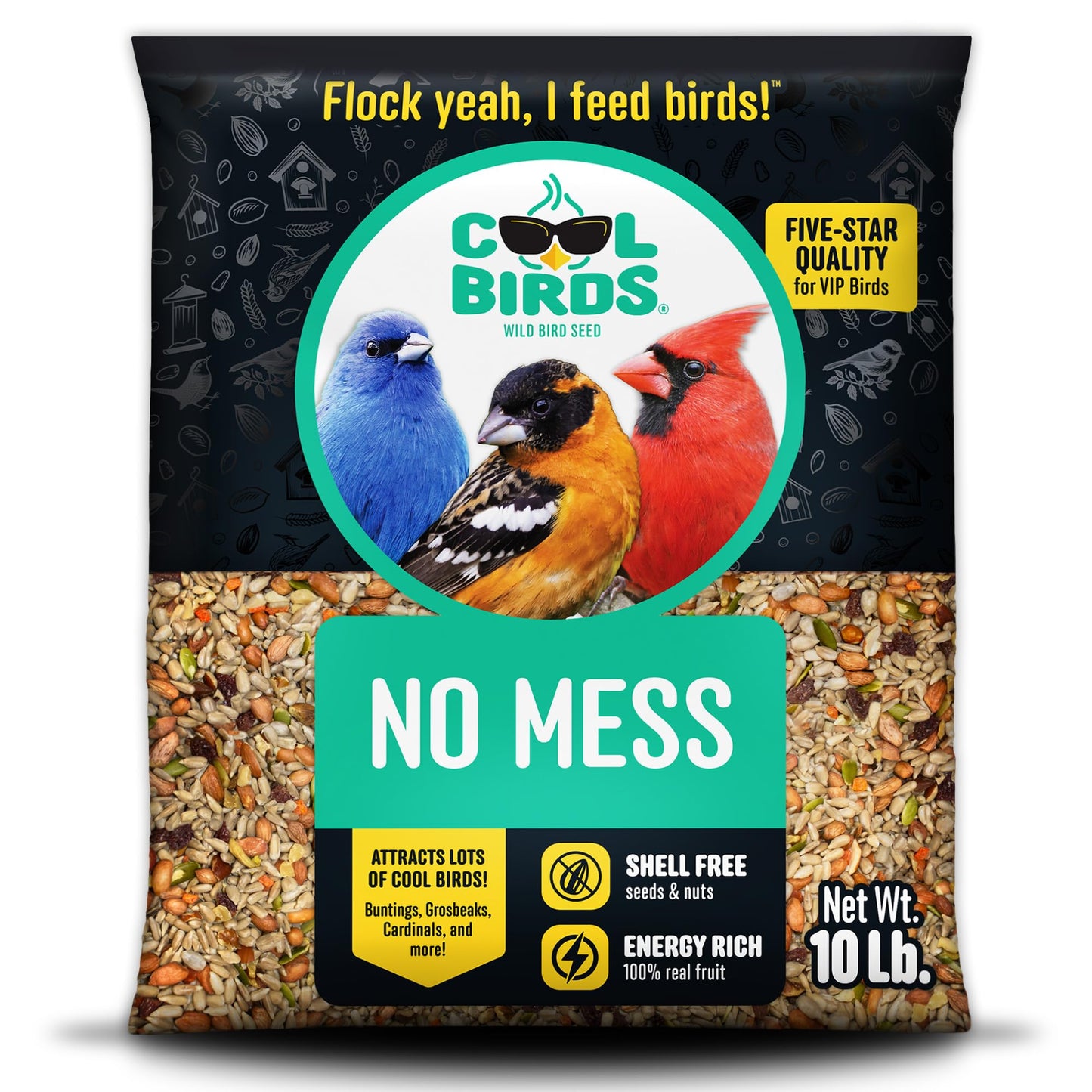 Cool Birds No Mess with Fruit Wild Bird Seed â 10 lb. 100% Edible Shell-Free Blend with Sunflower Hearts, Peanuts, Tree Nuts, Pumpkin Seed & Real Fruit â No Waste Bird Seed for Outside Feeders