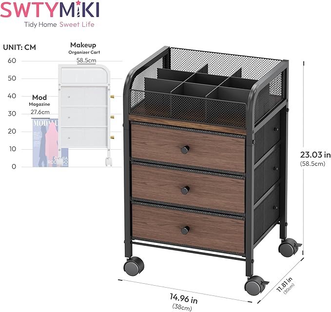 SWTYMIKI Rolling Makeup Organizer Cart - 14.96Ã¢ÂÂ³*11.81Ã¢ÂÂ³*23.03Ã¢ÂÂ³ Widened Under Desk Vanity Storage with 3 Non-woven Drawers, Cosmetic Display Cases for Skin Care Perfume Nail Polish Brush Hair Tool Black