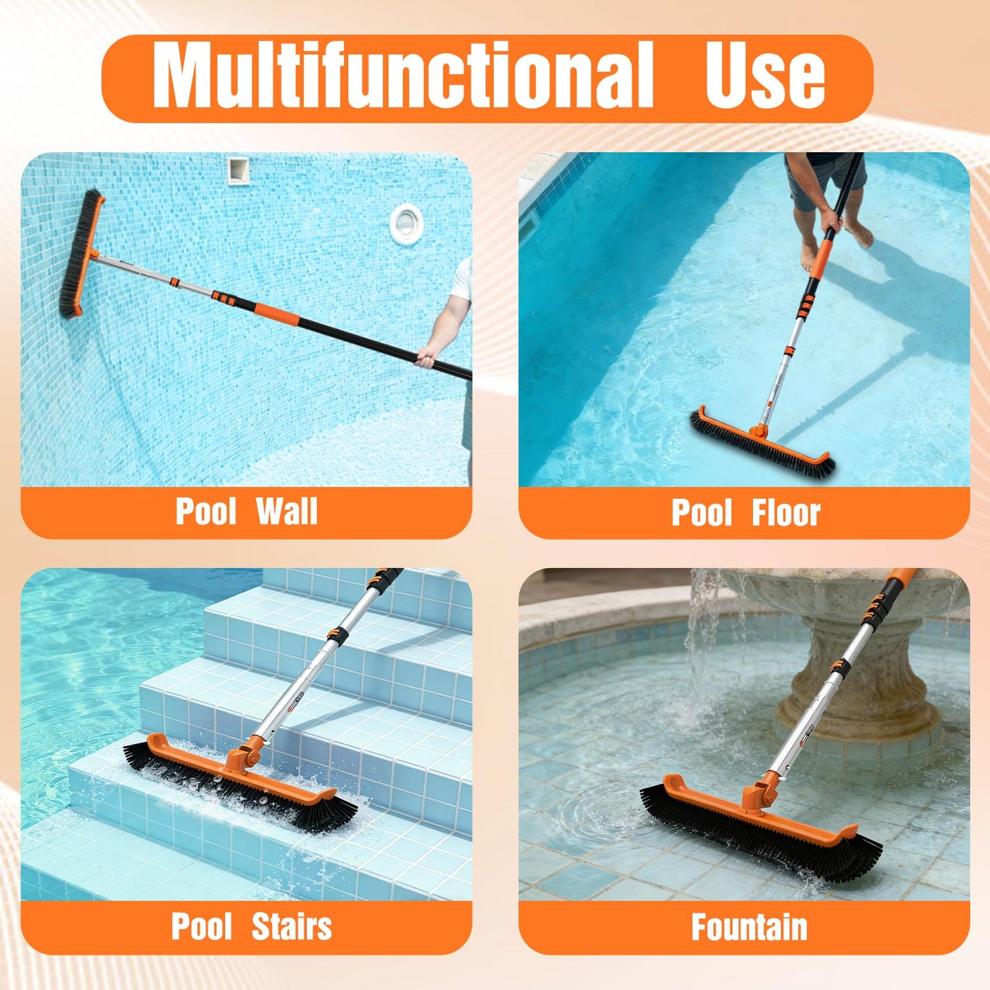 LAANPOLE Pool Brush with Pole, 16FT Heavy Duty Telescopic Pool Pole with 18" Pool Brush, Swimming Pool Scrubber Brush Head for Cleaning Walls, Tiles & Floors