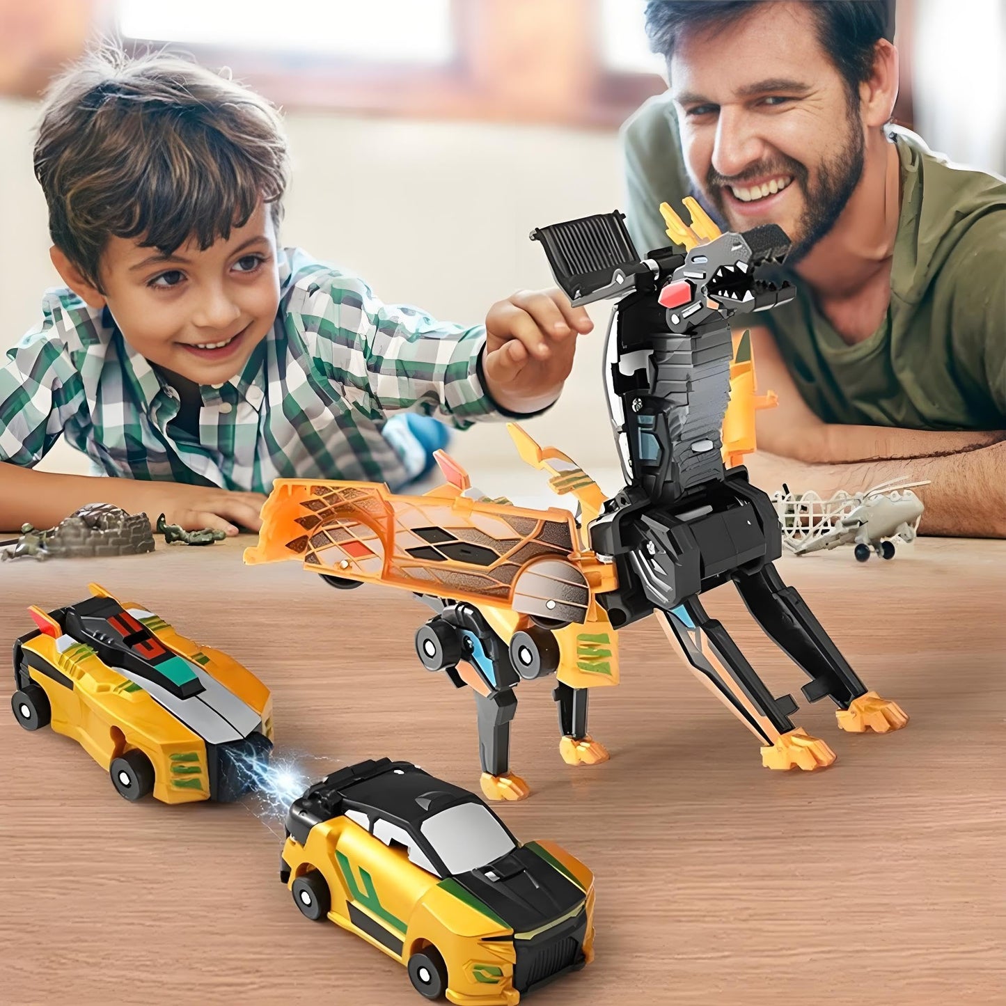 Transforming Dinosaur Toys, 2 in 1 Magnetic Cars Collision Transform into Dino Toys, for Boys Girls Toy Age 2-12, Christmas Birthday Gift (Gold Blue)