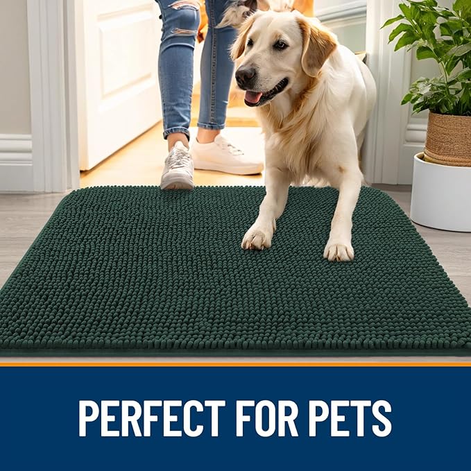 OLANLY Dog Door Mat for Muddy Paws 34x21, Absorbs Moisture and Dirt, Absorbent Non-Slip Washable Doormat, Quick Dry Chenille Mud Mat, Entry Indoor Entryway Carpet for Inside Floor, Blackish Green