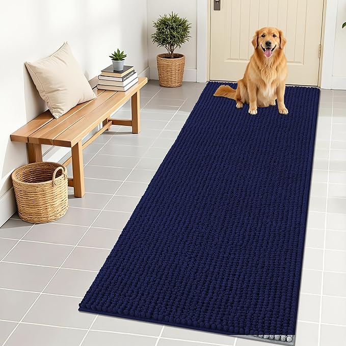 OLANLY Dog Door Mat for Muddy Paws 70x24, Ultra Absorbent Chenille Mud Doormat, Non-Slip Washable and Dirt Trapping Doormat for Indoor Entryway, Quick-Dry Indoor Pet Bed Mats for Dogs, Navy Blue