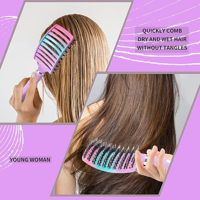 Detangling Brush Boar Bristles Hair Brush for Adult & Kids Wet or Dry Hair,Curved and Vented Detangler Brush - Adds Shine and Makes Hair Smooth(Pink)
