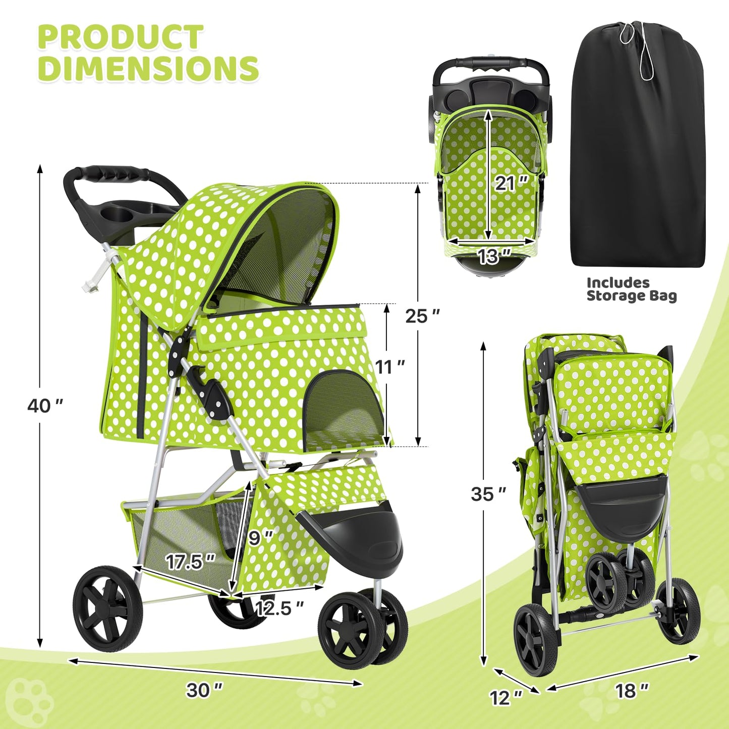 Magshion 3-Wheel Pet Stroller, Foldable Travel Jogger for Small & Medium Dogs & Cats (Up to 33lbs), Lightweight Carrier with Breathable Mesh Cover, Cup Holder & Storage Basket, Lawn Green Polka Dots