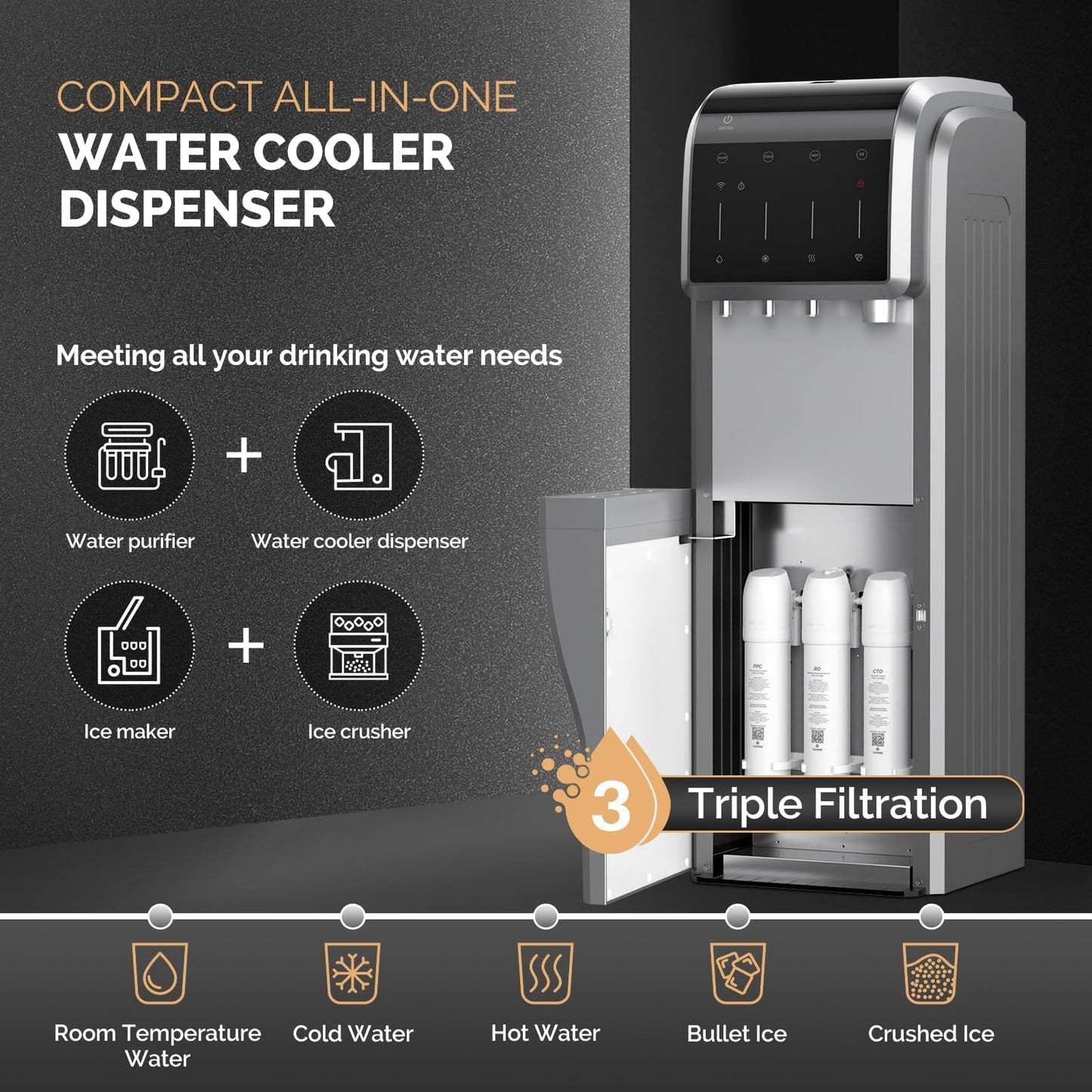 ICEPURE Water Dispenser with Ice Maker, 3-in-1 Hot and Cold Water Cooler with Built-in Bullet Ice Maker Machine, 26.5lbs/24H, Top Loading for 3-5 Gallon Bottle, Child Safety Lock, Bark Grey