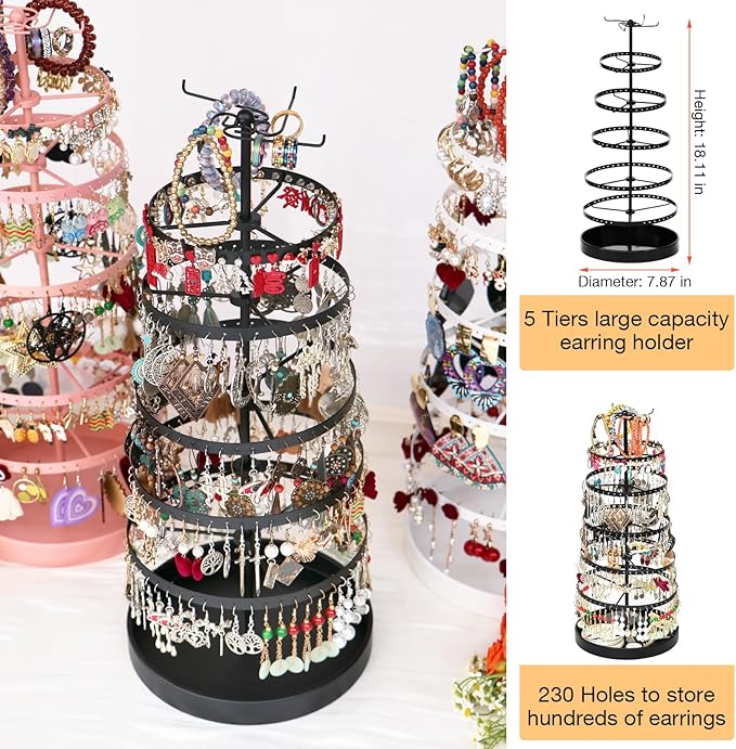6 Tier Rotating Jewelry Organizer Stand, 230 Holes Earring Holder Organizer for Women Girls, Spinning Earring Tree with Ring Holder, Wide Base for Bracelets Watches Lipstick