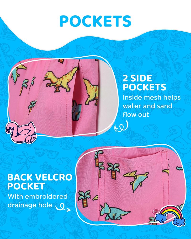 maamgic Boys Swim Trunks with Compression Liner 4-Way Stretch Quick Dry Swim Shorts Swimming Trunks Toddler Boy Dinosaur Pink 14-16 Years