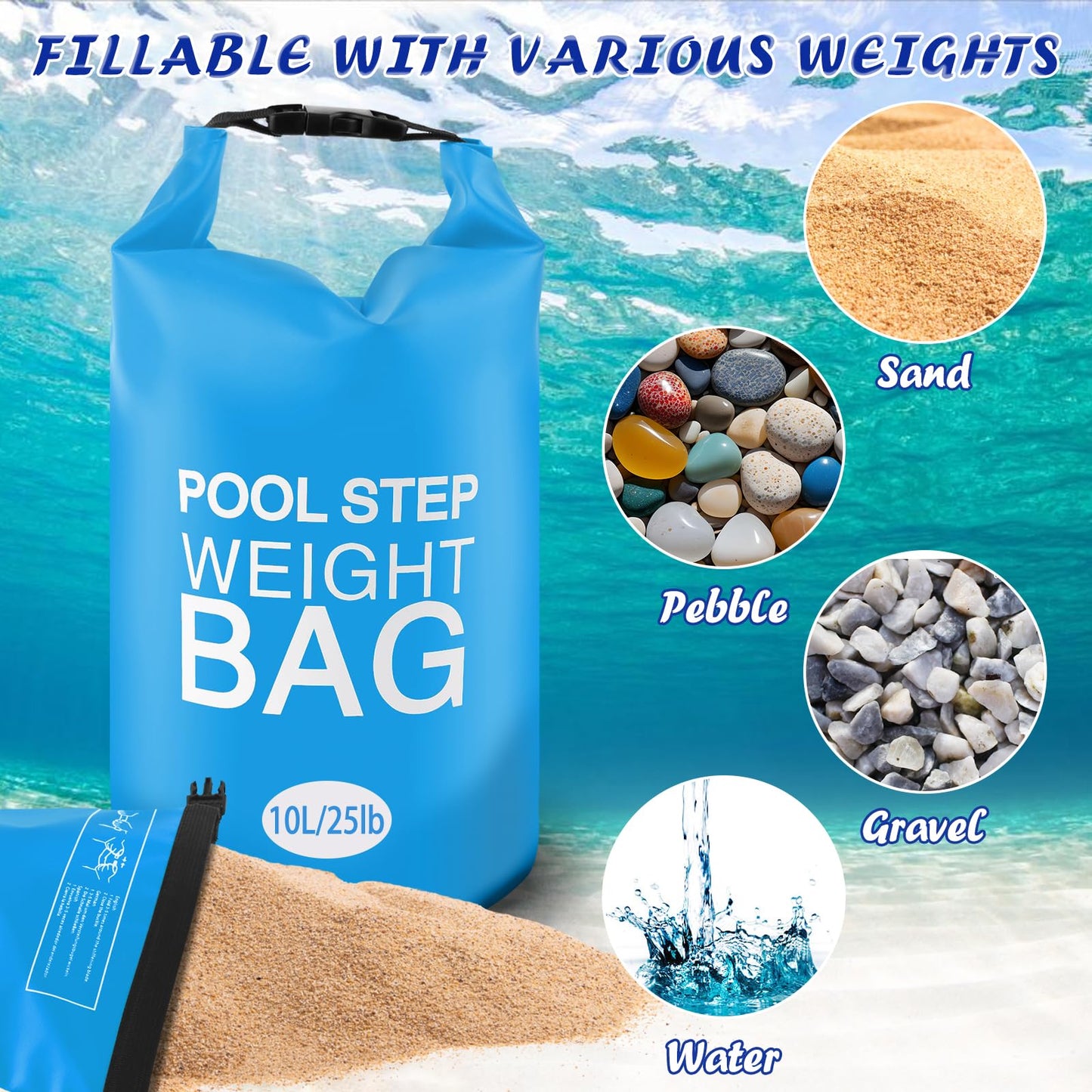 2 Pack 10L/25lb Universal Pool Step Weights 250D PVC Waterproof Swimming Pool Ladder Weights No Breaken Above Ground Pool Ladder Sand Bags, Foldable Pool Stair Weights for Pool Steps (Sky Blue)