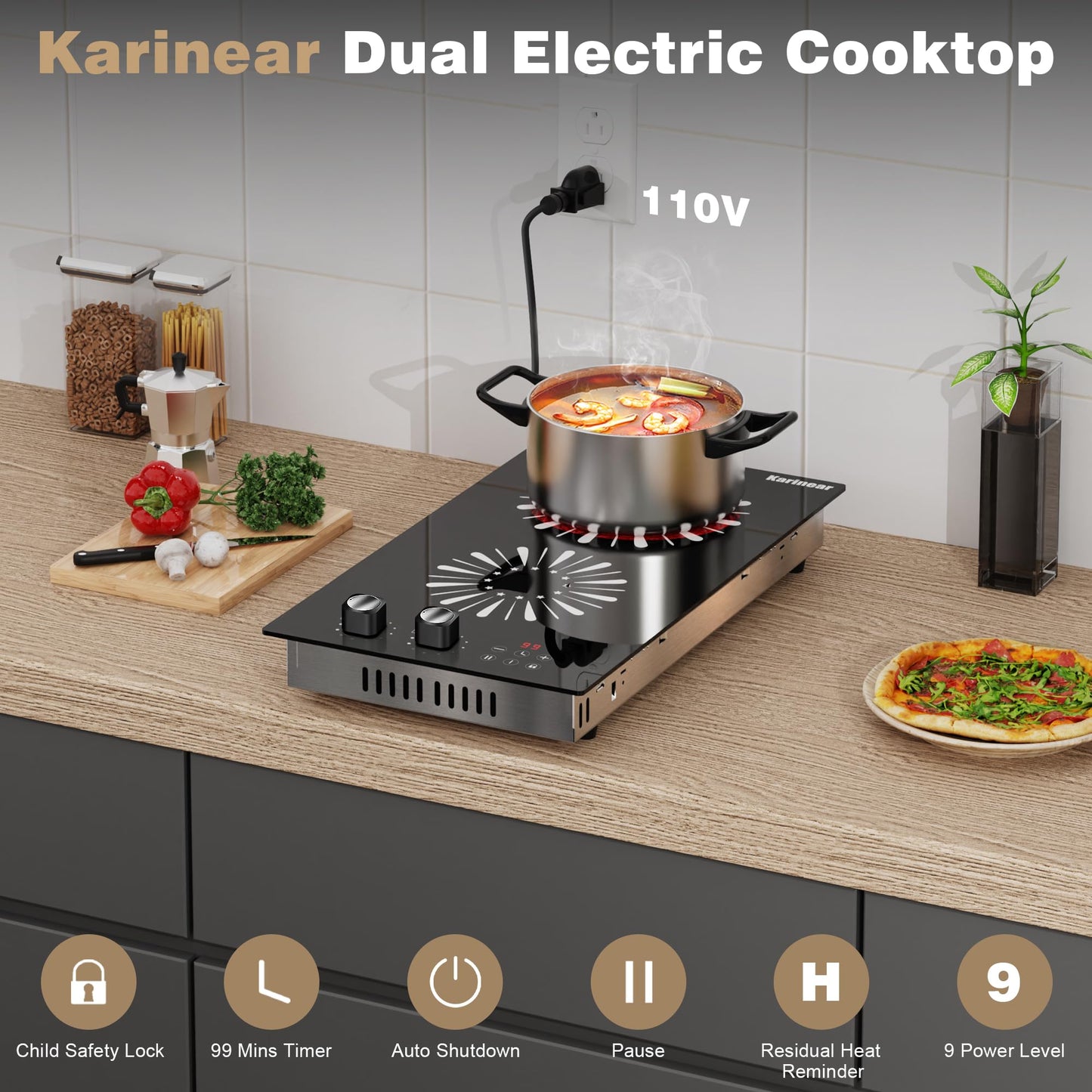 Karinear 110V Electric Cooktop 2 Burners, 12 Inch Electric Stove with Plug in, Countertop & Built-in Ceramic Stove Top, Knob and Sensor Touch Control, Multifunctional Radiant Stove(Silver knob)