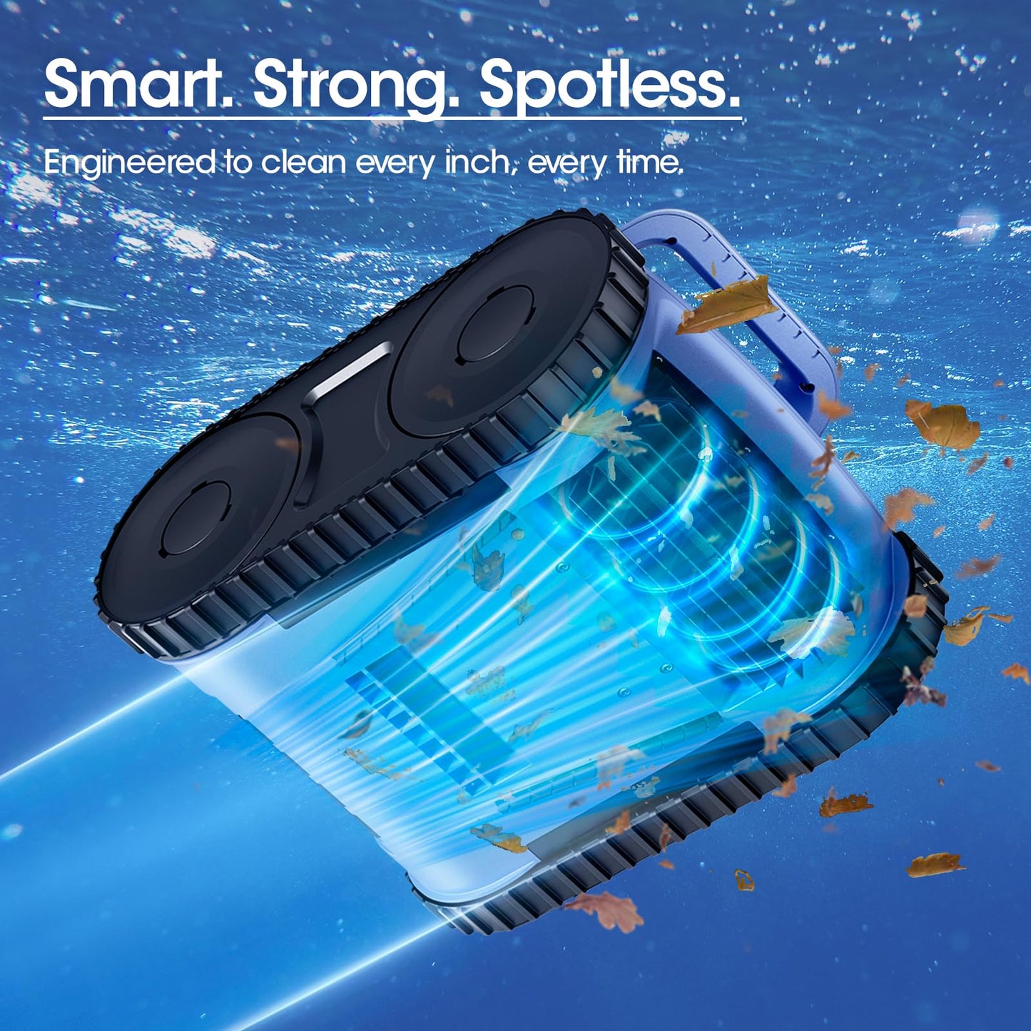 Cordless Robotic Pool Vacuum, Pool Cleaner with Track Drive & Sonar Navigation, 180W Brushless Motor, Wall & Waterline Climbing, 150-Min Runtime, for Inground Above-Ground 2150 Sq. Ft. (Navy Blue)