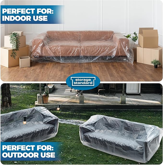 Plastic Furniture Covers for Moving - Heavy-Duty Couch Cover for Sofa, Waterproof & Dustproof Clear Moving Bags for Renovation, Wrap or Storage - Extra Large Bag Open Size 96 x 42 x 62 Inch