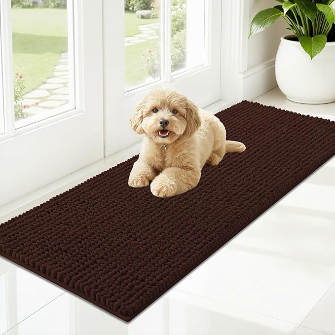 OLANLY Dog Door Mat for Muddy Paws 47x17, Ultra Absorbent Chenille Mud Doormat, Non-Slip Washable and Dirt Trapping Doormat for Indoor Entryway, Quick-Dry Indoor Pet Bed Mats for Dogs, Brown