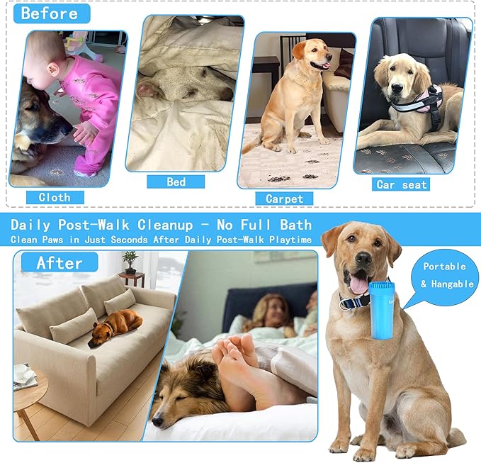 Dog Paw Cleaner Kit for L/XL Dogs - Quick Clean No Full Bath, 2-in-1 Paw Wash Cup with Detachable Silicone Brush Head, Includes Bath Brush & 3 Absorbent Towels, Blue