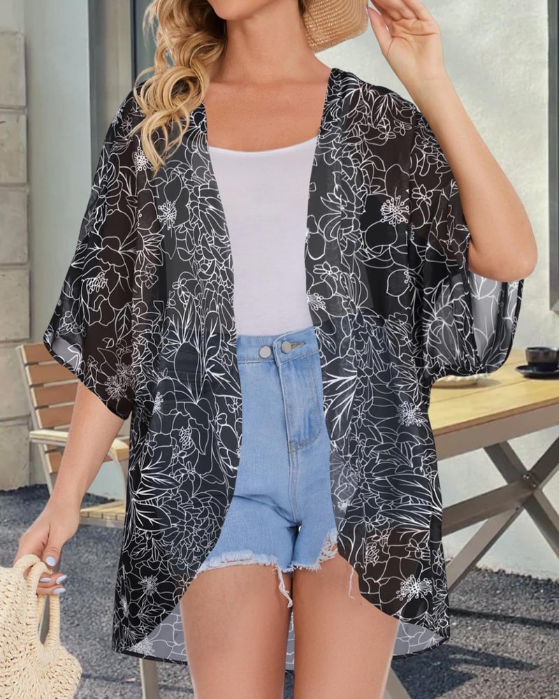 Womens Floral Kimono Cardigans Loose Puff Sleeve Casual Beach Coverups Tops (Black Brief Flowers,XL)