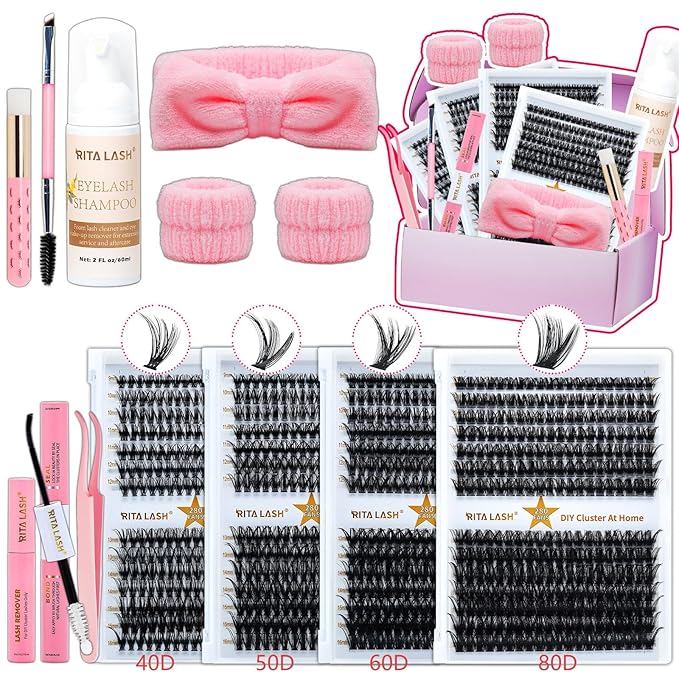 Lash Clusters Kit Eyelash Clusters Kit Cluster Eyelash Extensions Large Pack Lashes Clusters Lash Extension Kit PestaÃÂ±as Postizas Naturales+Lash Bond&Seal,Remover,Tweezers,Cleanser,Tools(Lash Kit-10)
