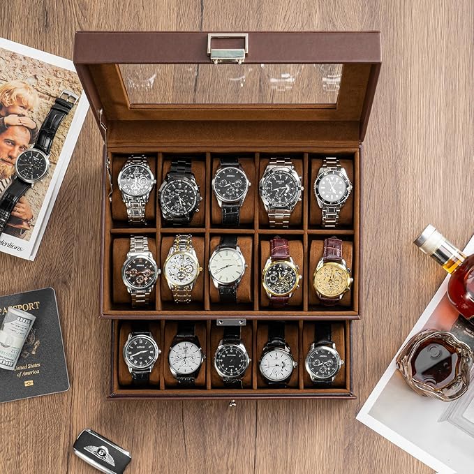 ProCase Watch Box for Men, 12 Slot Mens Watch Case With Drawer, Watch Display Case With Glass Lid, 2-Layer Watch Holder Organizer, Jewelry and Watch Storage for Men Women -20 Slot, Espresso
