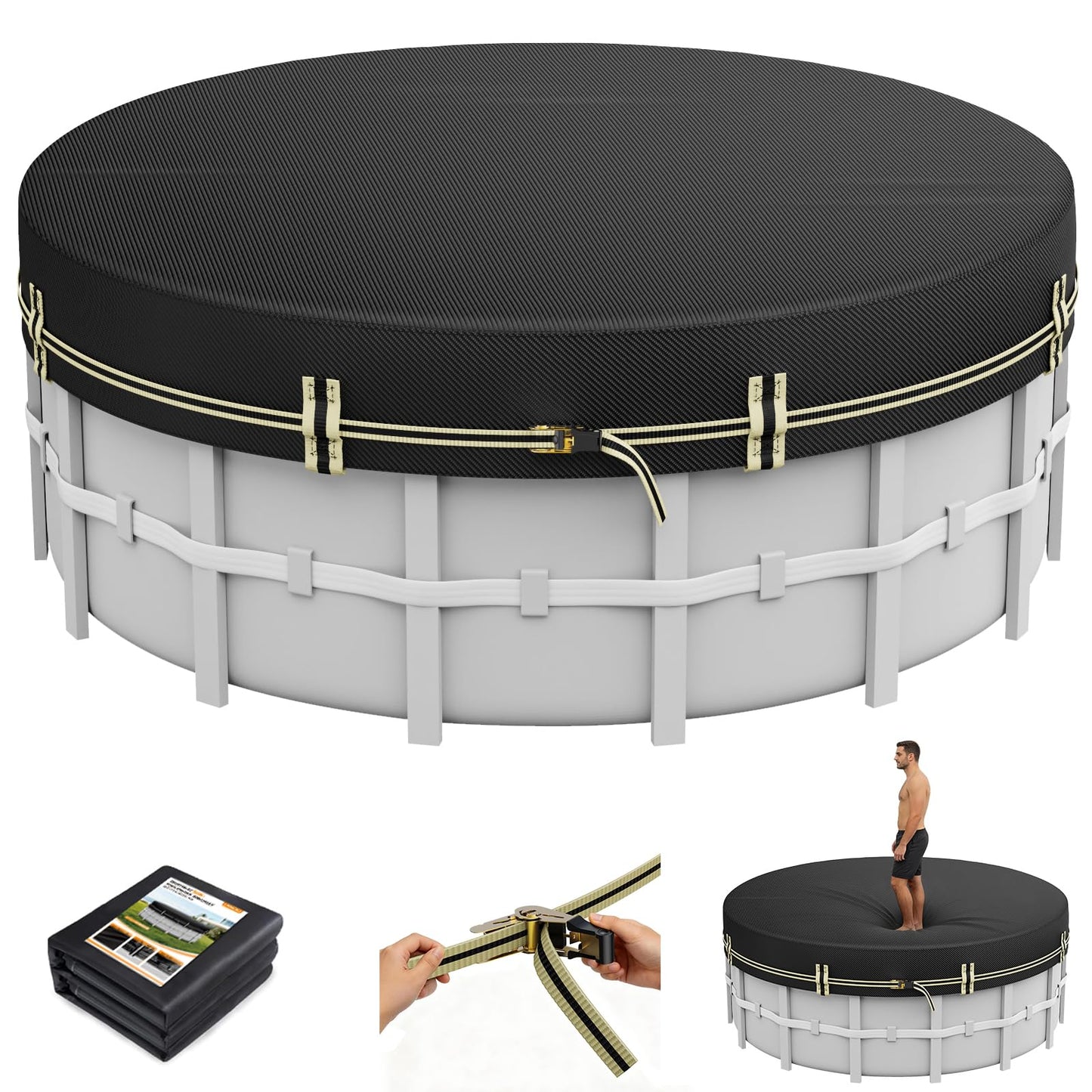 ZhenXingCheng 10 FT Round Pool Covers for Above Ground Pools, 500D Pool Solar Cover with Fast Tightening Ratchet, Stock Pool Tank Cover Ideal for Waterproof Dustproof Windproof