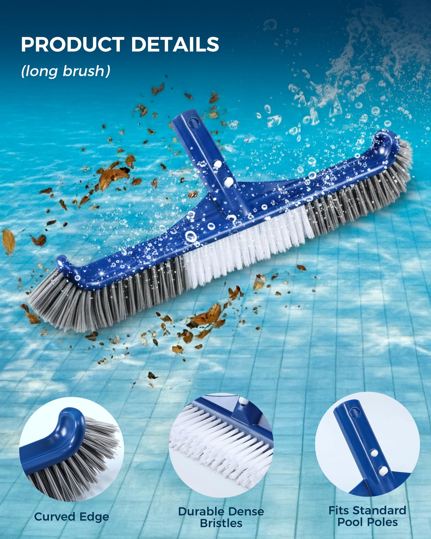 3-in-1 Full-Coverage Pool Brush Head Set - Includes 17.5" Long Brush, Rotatable Handheld/Extension Pole Brush, Sponge Brush, Durable Scrubber Brush Set for Pool Floors/Corners/Steps