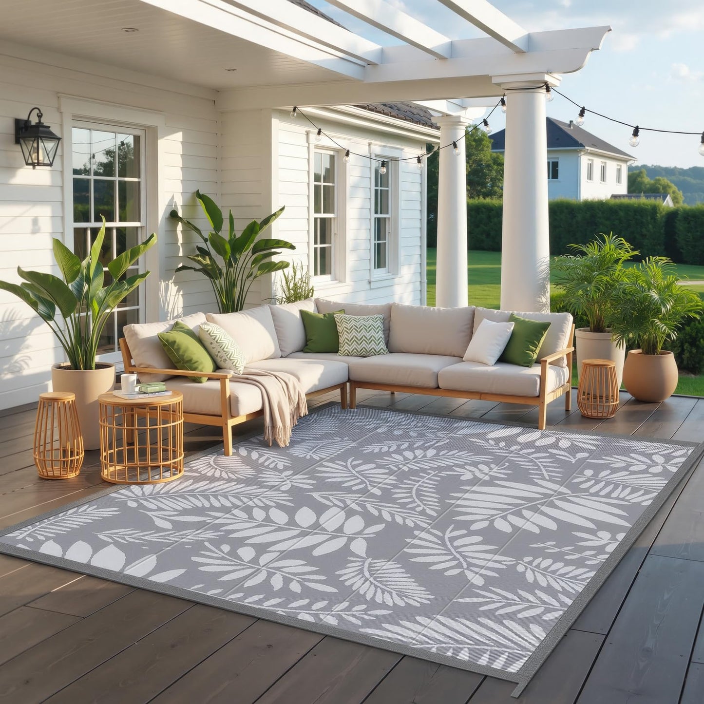 TitanCoziest Outdoor Rug for Patio - 6' x 9', Waterproof, Reversible Outdoor Plastic Straw Rugs with Reinforced Edges, Camping Mat Carpet for RV, Deck, Backyard, Balcony, Picnic, Beach (Leaf Gray)