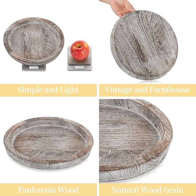 Wooden Decorative Tray Candle Holder: Romadedi Round Wood Tray Home Decor, Whitewash Rustic Trays for Farmhouse Dinning Table Kitchen Countertop Coffee Table Wedding Centerpiece, 11inch, Size L