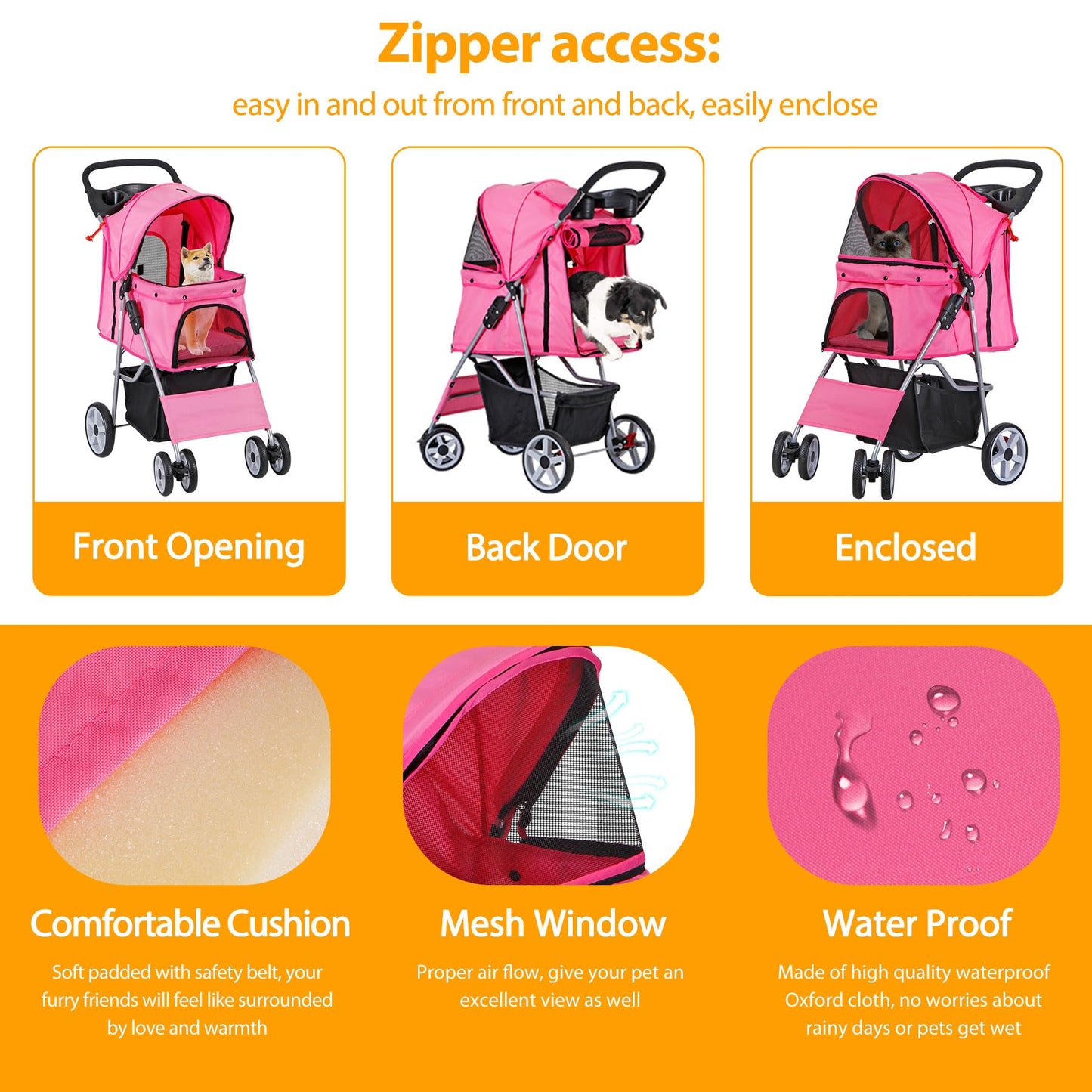 Epetlover 4 Wheels Dog Stroller Folding Pet Strolling Cart for Small Medium Cats Puppies Portable Jogger Travel Camping Puppy Carrier with Storage Basket Cup Holder, Pink