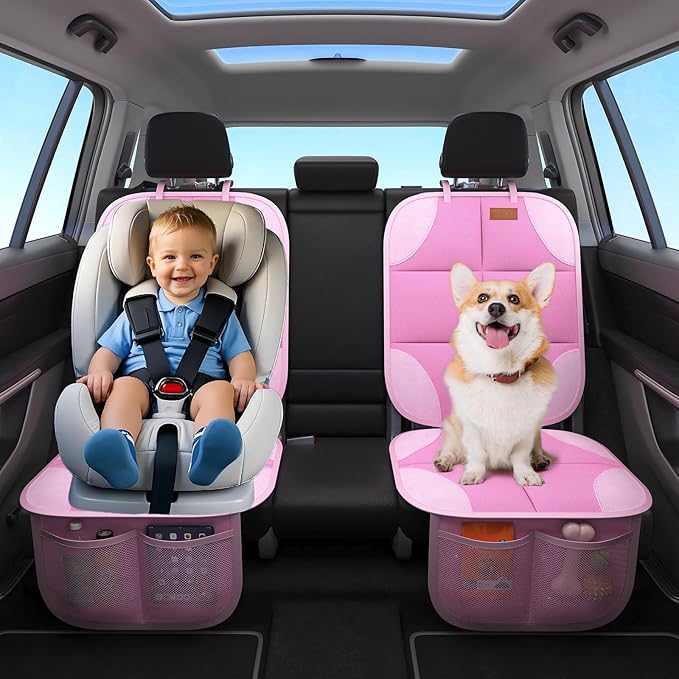 SMART ELF Car Seat Protector, 2 Pack Car Seat Cover, Seat Protector Under Baby Car Seat, Seat Covers with Non-Slip Bottom and 2 Mesh Pockets Suitable for Baby and Pet (Pink)