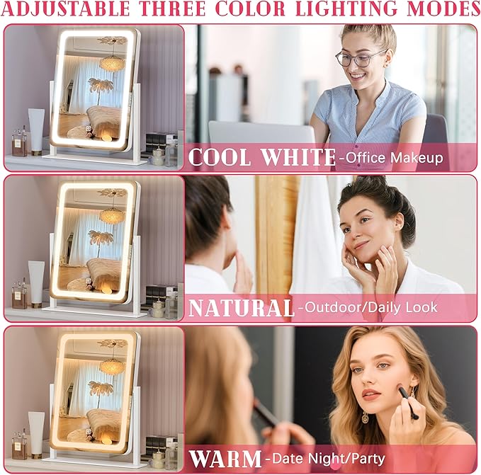 ROLOVE Vanity Mirror with Lights, 12.6"x15" LED Makeup Mirror with Lights, Smart Touch Control 3 Color Dimmable, Lighted Desk Mirror for Bedroom, Light Up Mirror