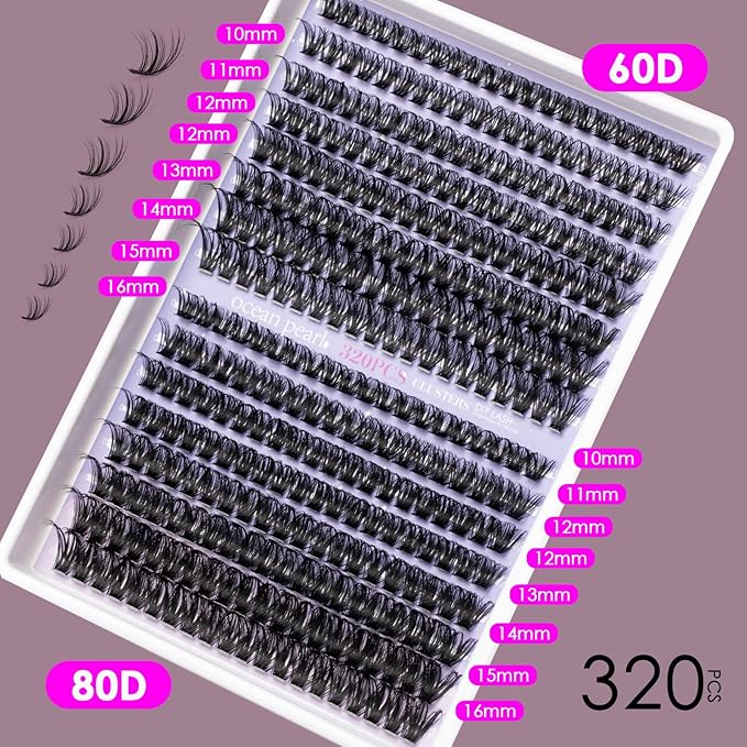 Ocean Pearl Lash Clusters 320pcs 3D Thick Lash Clusters kit 60D+80D Lashes,Eyelashes,Lash Extension Kit,Eyelash Clusters with lash adhesive+sealer+remover+tweezers,Lashes Clusters Eyelash Extensions