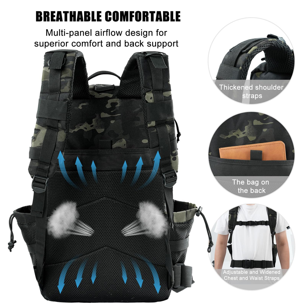 kookoomia Military Tactical Backpack 25L Day Backpack for Men Molle Army 3 Days Assault Pack Bug Out Bag Water Resistant and Heavy Duty Hiking Treeking Rucksack - Black Camo