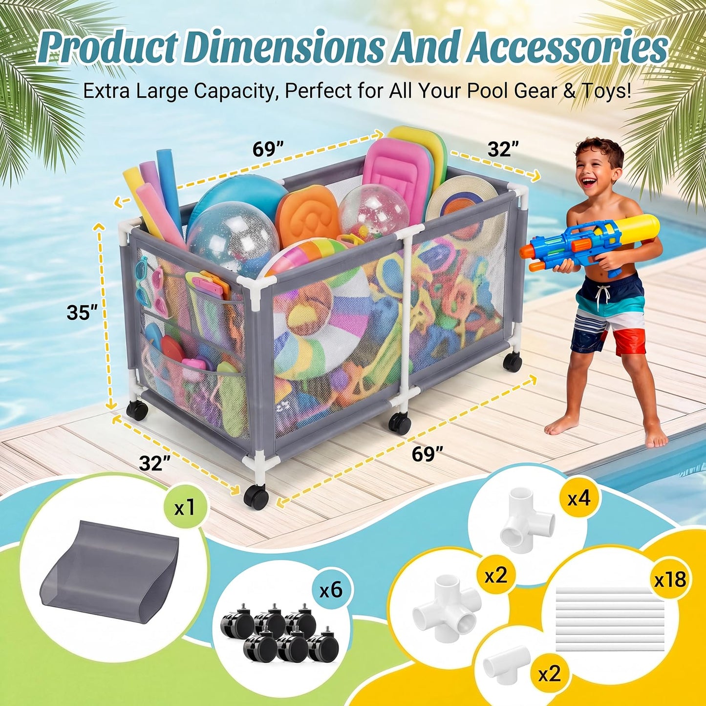Extra Large Swimming Pool Storage Organizer Upgraded 280-Gallon Rolling Bin with Wheels Side Pockets Float Noodles Holder Mesh Cart for Pool Toys Swim Rings Surfboards Beach Gear Patio Yard Organizer