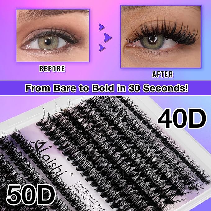 Lash Clusters Kit, DIY Cluster Eyelash Extensions 9‑16mm, 40D+50D, 280pcs, D Curl Natural Volume Lashes with Bond & Seal,Tweezers–Fake Cat Eye Wispy Individual Clusters